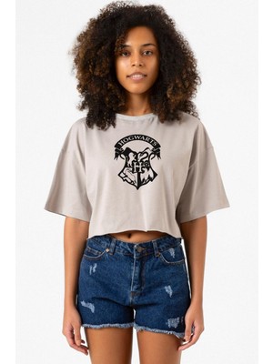 Hp Hogwarts Taş Rengi Kadın Crop Kapşonlu