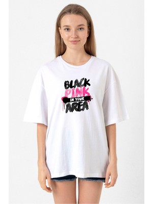 Black Pink In Your Area Beyaz Kadın Oversize Tshirt