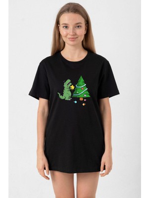 Dinosaur Christmas Tree Siyah Kadın Oversize Tshirt