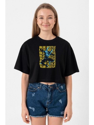Blue Beetle Lettern Siyah Kadın Crop Tshirt