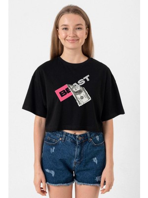 Mr Beast Dollar Bill Siyah Kadın Crop Tshirt