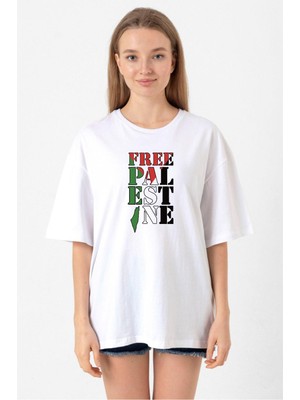 Free Palestine Beyaz Kadın Oversize Tshirt