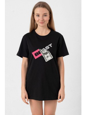 Mr Beast Dollar Bill Siyah Kadın Oversize Tshirt