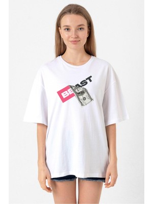 Mr Beast Dollar Bill Beyaz Kadın Oversize Tshirt