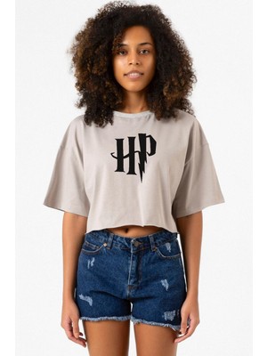 Hp Logo Taş Rengi Kadın Crop Kapşonlu