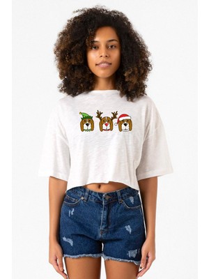 3 Wise Beagles Christmas Beyaz Kırçıllı Kadın Crop Tshirt