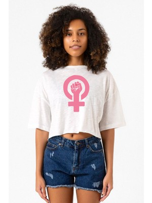 Pink Venus Symbol Hand Beyaz Kırçıllı Kadın Crop Tshirt