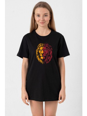 Sarı Kırmızı Aslan Siyah Kadın Oversize Tshirt
