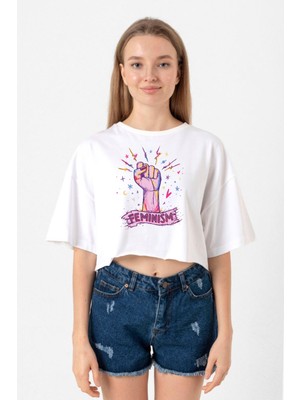 Colorful Feminism Hand Beyaz Kadın Crop Tshirt