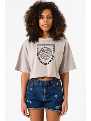 House Of The Dragon Targaryen Amblem Taş Rengi Kadın Crop Kapşonlu