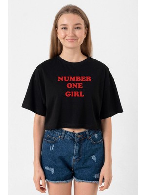 Rose Number One Girl Siyah Kadın Crop Tshirt