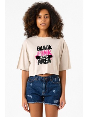 Black Pink In Your Area Bej Kadın Crop Tshirt