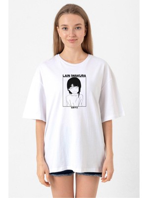 Serial Experiments Anime Lain Poster Beyaz Kadın Oversize Tshirt