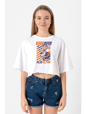 My Hero Academi Anime Endeavor Plus Ultra Beyaz Kadın Crop Tshirt