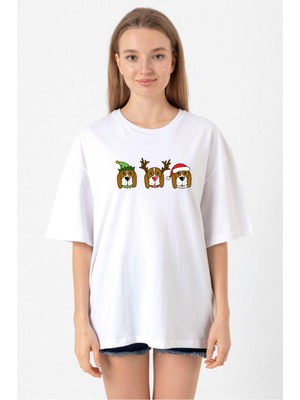 3 Wise Beagles Christmas Beyaz Kadın Oversize Tshirt