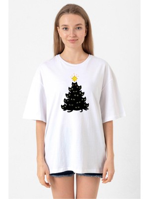 Meowy Christmas Beyaz Kadın Oversize Tshirt