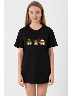 3 Wise Beagles Christmas Siyah Kadın Oversize Tshirt
