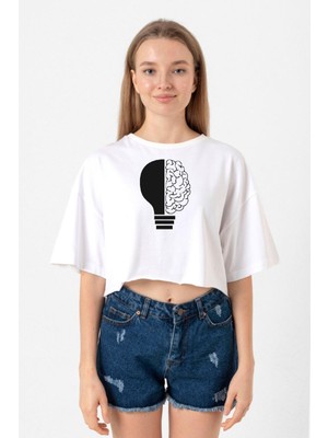 Lightbulb & Brain Beyaz Kadın Crop Tshirt