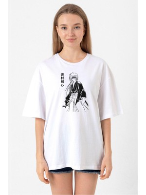 Rurouni Kenshin Poster Japan Beyaz Kadın Oversize Tshirt