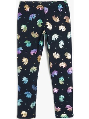 Koton Parlak Unicorn Baskılı Beli Lastikli Pamuklu Tayt