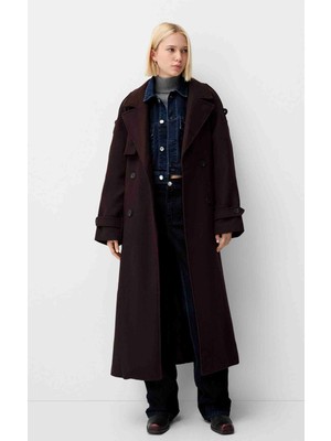 Butik Allbucks Bershka, Bordo Oversize Kaşe Trençkot Kaban ABBRS1009