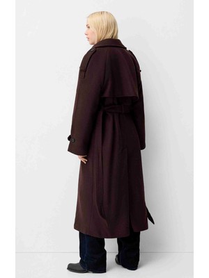 Butik Allbucks Bershka, Bordo Oversize Kaşe Trençkot Kaban ABBRS1009