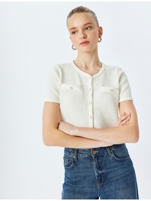 Koton Ekru Düğmeli Kısa Kollu Cep Detaylı Triko Hırka Polyester Karışımlı Desensiz