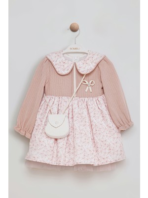 Bombili Çiçek Desenli Yakalı Çantalı Kız Bebek Elbise