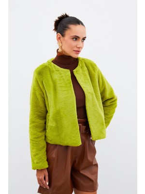 Yakasız Peluş Ceket - Yeşil