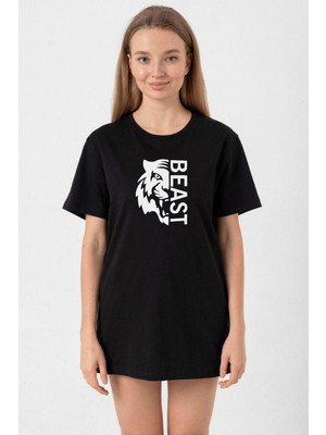 Mr Beast Half Face Siyah Kadın Oversize Tshirt