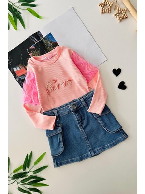 Miniğimin Cicileri Kol Tül Detaylı Taşlı Kız Çocuk Kot Etekli 2 li takım - Pembe