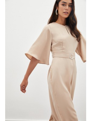 Sateen Kemerli Krep Tulum - Bej
