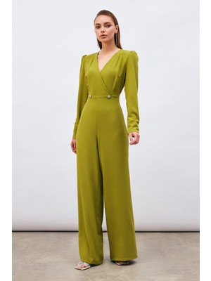 Kruvaze Süs Taşlı Krep Tulum - Yağ Yeşili