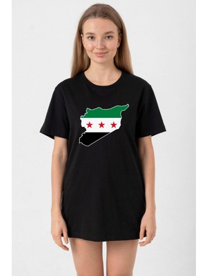 Suriye Yeni Bayrak Siyah Kadın Oversize Tshirt