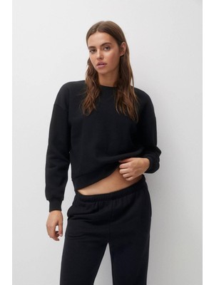 Tight Lady Siyah Pamuk Kadın Basic Crop Bisiklet Yaka Uzun Kollu Sweatshirt