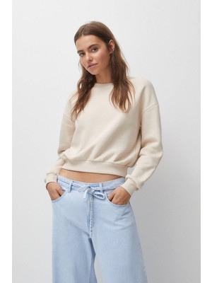 Tight Lady Pamuk Kadın Bej Basic Crop Bisiklet Yaka Uzun Kollu Sweatshirt