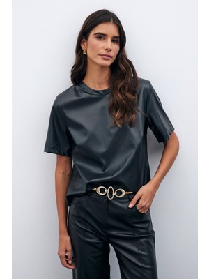 Kısa Kol Deri Bluz - Siyah