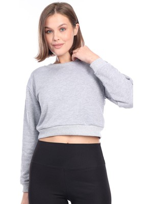 Gri Melanj %100 Pamuk Şardonsuz Kadın Basic Crop Bisiklet Yaka Uzun Kollu Sweatshirt
