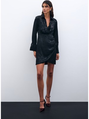 Desenli Kruvaze Elbise - Siyah