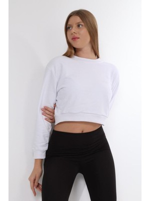 Beyaz %100 Pamuk Baskılı Kadın Basic Crop Bisiklet Yaka Uzun Kollu Sweatshirt