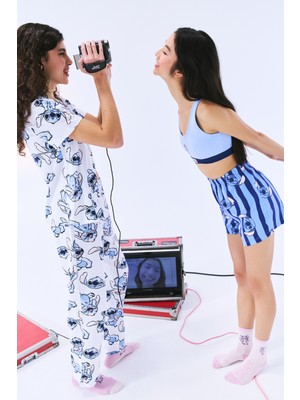 Penti Stitch Pamuklu Gömlek Pantolon Optik Beyaz Pijama Takımı - Stitch Koleksiyonu
