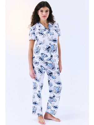 Penti Stitch Pamuklu Gömlek Pantolon Optik Beyaz Pijama Takımı - Stitch Koleksiyonu
