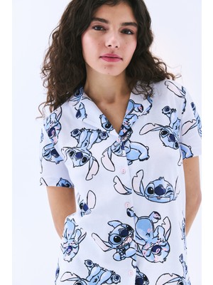 Penti Stitch Pamuklu Gömlek Pantolon Optik Beyaz Pijama Takımı - Stitch Koleksiyonu
