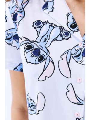 Penti Stitch Pamuklu Gömlek Pantolon Optik Beyaz Pijama Takımı - Stitch Koleksiyonu
