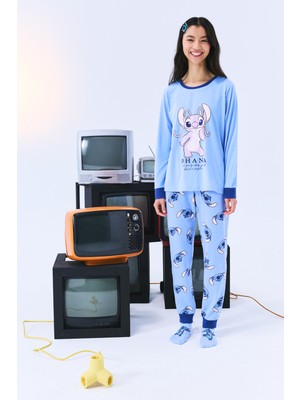Penti Stitch Ohana Pantolon Açık Mavi Pamuklu Pijama Takımı - Stitch Koleksiyonu