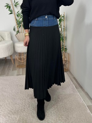 Patuta Butik Jean Detaylı Uzun Pilise Etek