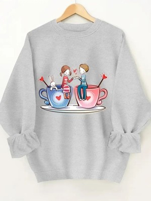 Kadın Kahve Aşkı Baskılı Bisiklet Yaka Oversize Sweatshirt