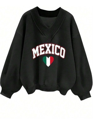 Trendseninle Kadın 3 Iplik Siyah Mexico Baskılı V Yaka Oversize Sweatshirt