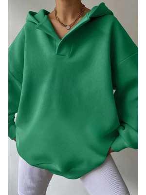 Trendseninle Kadın 3 Iplik Yeşil Relax Yaka Detay Oversize Kapüşonlu Sweatshirt