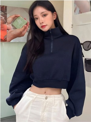 Trendseninle Kadın Lacivert 3 Iplik Yarım Fermuarlı Oversize Crop Sweatshirt